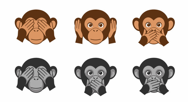 Six cartoon monkeys illustrating the 'see no evil, hear no evil, speak no evil' proverb, with both brown and grayscale versions.