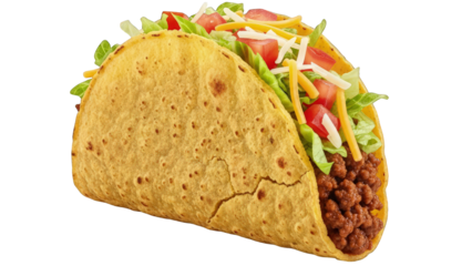 Delicious taco with seasoned ground beef lettuce tomatoes and cheese on a crispy shell