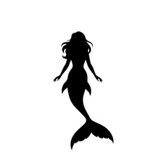 Black silhouette of a mermaid with long flowing hair and a fish tail, seen from behind on a white background.