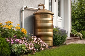 Obraz premium Brass rainwater collection barrel beside vibrant flower beds colorful blooms. Sustainable gardening. Enhancing the outdoor space environment. Promoting eco-friendly horticulture, farming practices