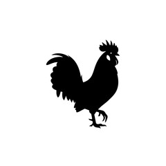 A striking black silhouette of a rooster standing on a white background, showcasing its distinctive comb and tail feathers.