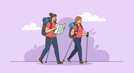 Two women hikers with backpacks and poles consult a map, enjoying an outdoor adventure