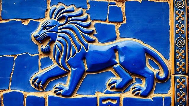 ishtar. Glazed brick relief of a lion against lapis lazuli blue background with gold accents, intricate patterns. event programs.