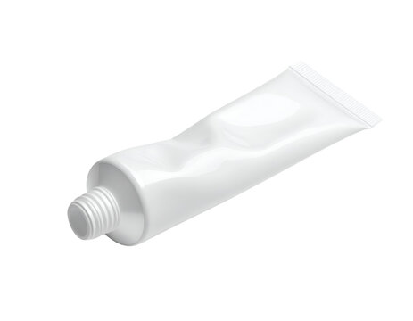 Blank white toothpaste or cosmetic cream squeeze tube with open threaded nozzle and minimal packaging mockup on isolated background