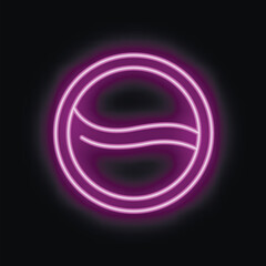 Purple neon sign in the shape of a tennis ball is glowing on a black background