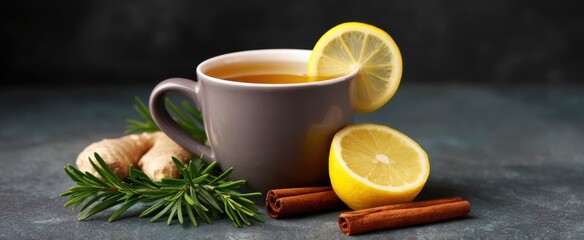 Warm fresh ginger tea with lemon wedges and cinnamon bark in a cozy cup