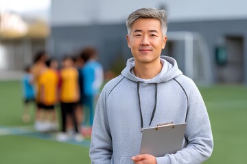 Smiling Korean athletic coach manages youth sports class outdoors, clipboard in hand, emphasizing discipline, teamwork, and physical wellness.