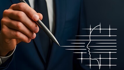 Businessman drawing abstract human profile line icon with grid