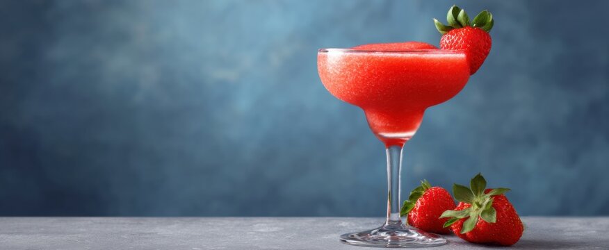 Frozen strawberry daiquiri served with a fresh strawberry garnish on the rim
