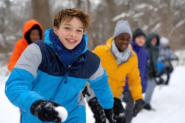 Diverse group of smiling children playing in the snow, wearing colorful winter jackets, enjoying a fun day outdoors in a snowy landscape with trees in the background
