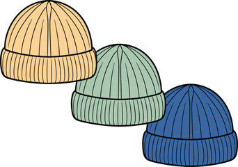 Three Knitted Beanies in Peach Mint Green and Blue winter