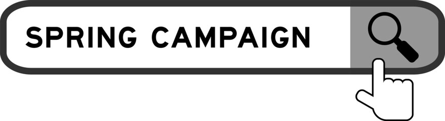 Search banner in word spring camapign with hand over magnifier icon on white background