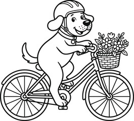 Cute Cartoon Dog Riding Bicycle with Helmet and Flower Basket &ndash; Black and White Coloring Page.