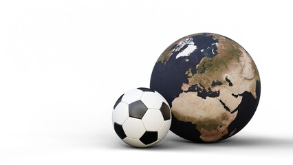 Planet earth with soccer ball on a isolated background. Football or soccer concept with space for text. World championship concept. Soccer or football ball with world map.