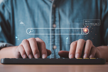A person typing on a keyboard with a futuristic AI search interface and digital assistant icons for artificial intelligence smart search technology human interaction automation and digital innovation