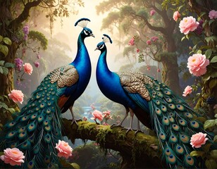 Two Vibrant Peacocks Perched Tree