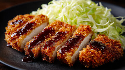 Japanese tonkatsu pork cutlet sliced neatly, crispy panko crust, juicy interior, shredded cabbage, tonkatsu sauce drizzle