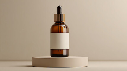 Brown Glass Dropper Bottle on Cream Pedestal