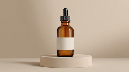 Brown Glass Dropper Bottle with White Label on Pedestal