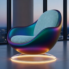 A futuristic iridescent armchair with a glowing base overlooking a city view