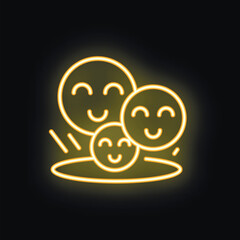 Neon icon of three smiling faces glowing yellow on a black background, symbolizing a happy family