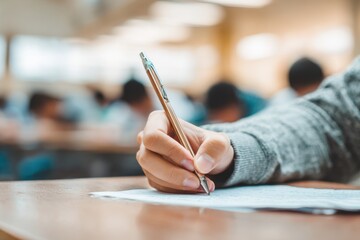Close-up of a hand holding a pen and paper, doing an exam in school, writing something. Blurred background. The student is sitting at their desk, taking a mental test for a final-year class.