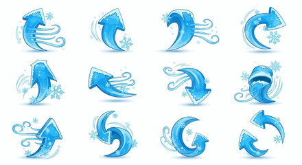 Fototapeta premium Collection of Blue Arrows with Winter Wind and Snow Effects.