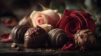 A romantic display with chocolates and roses on a dark surface