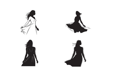 Woman in Long Flowing Dress with Wind Silhouette Vector Icon Sheet, Elegant Fashion Motion