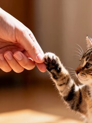 A small striped kitten raises its paw to gently touch a person's finger in a moment of playful interaction and bonding. © Yan