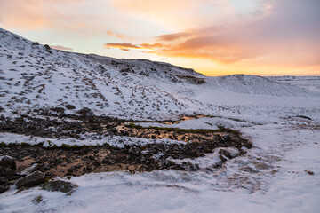 Winter valley landscape near Hveragerdi, Iceland.