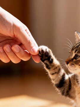 A small striped kitten raises its paw to gently touch a person's finger in a moment of playful interaction and bonding.