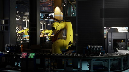 A yellow robotic arm is actively working on a conveyor belt in a sophisticated factory environment, showcasing automation technology in action during a busy production phase.