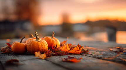 Small Pumpkins and Autumn Leaves on Wooden Table at Sunset