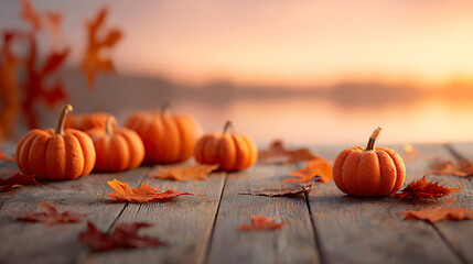 Small Pumpkins on Wooden Table at Sunset with Autumn Leaves