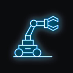 Blue neon sign of an industrial robot working in a factory