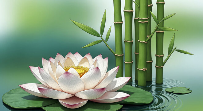 White lotus and bamboo stalks vector botanical 3D oil art painting, 3D relief wallpaper for mural wall art, canvas print, wall decor painting design