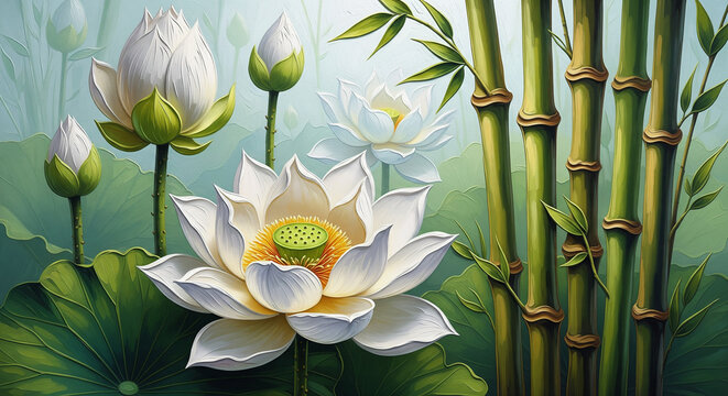 White lotus and bamboo stalks vector botanical 3D oil art painting, 3D relief wallpaper for mural wall art, canvas print, wall decor painting design