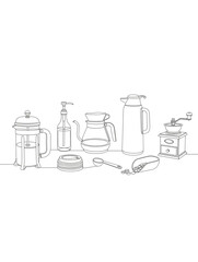 Collection of coffee brewing equipment and barista accessories in line art style.
