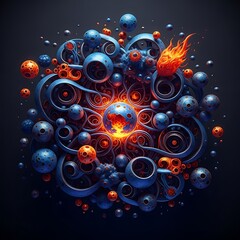 Futuristic abstract composition of spheres and curves with a glowing orange core and flame