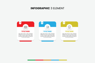 3-Step Infographic template with numbered colorful elements, icons, and text boxes for presentation, marketing, or education