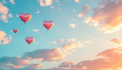 Obraz premium Romantic Valentine’s Day background, heart-shaped balloons floating in sky