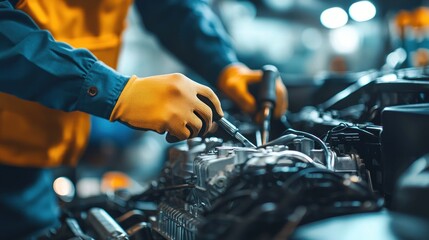 Mechanic repairs car engine