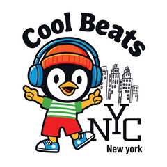 Cool Penguin DJ with Headphones in New York City Cartoon Illustration