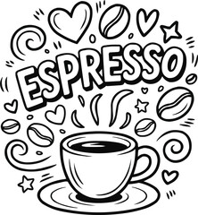 Obraz premium Minimal Espresso Line Art Hand-Drawn Cup, Coffee Beans, and Decorative Elements