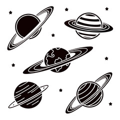 Black planet icons with rings and stars space galaxy © MST CHIN BANU BEGUM