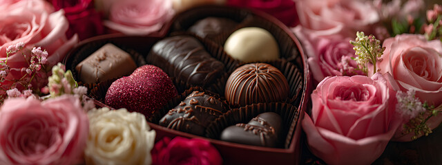 Heart-shaped box of exquisite chocolates nestled among pink and red roses