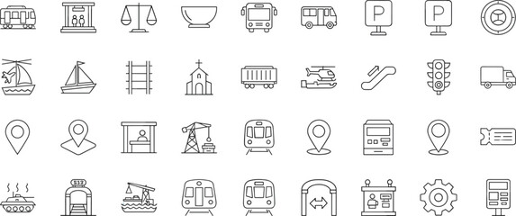 Minimal transport and urban infrastructure line icon set featuring vehicles navigation transit symbols editable outline vector collection design pack