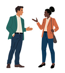 Two professionals, african american woman and caucasian man, in business casual attire engaged in a conversation. Flat vector illustration isolated on tranpsarent background