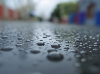 Raindrops on glass surface with soft blurred background, creating a calm and moody atmosphere that represents rain, reflection and quiet urban moments.
